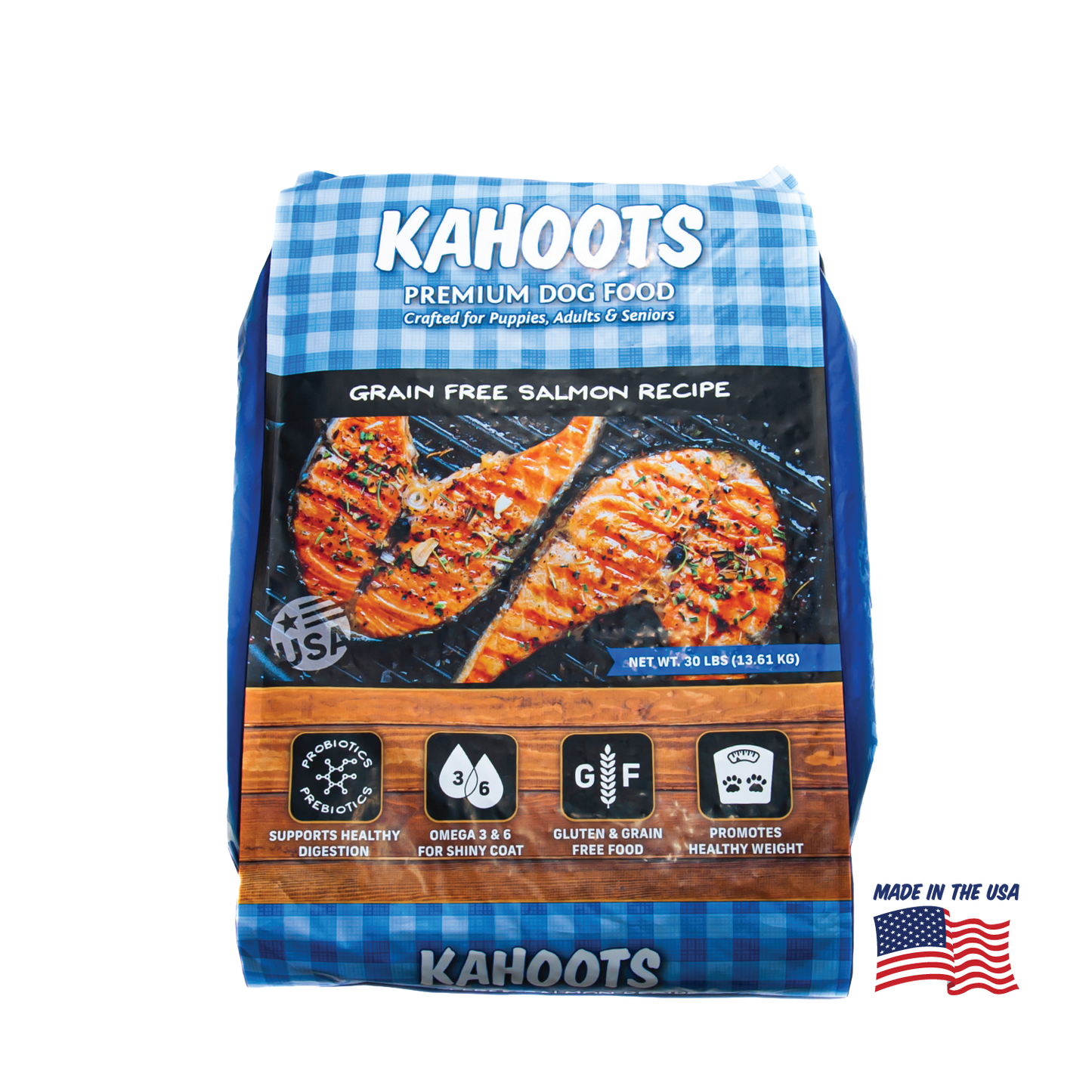 Kahoots salmon dog food packaging 30 lb