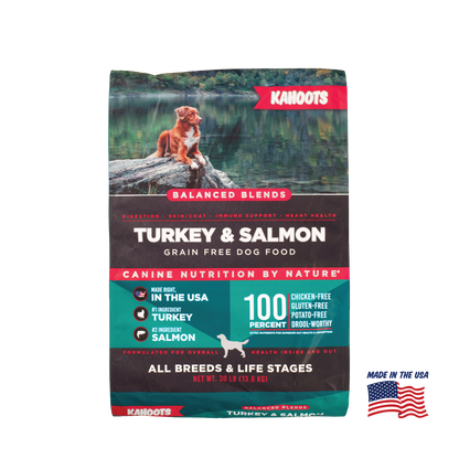 Kahoots turkey and rice wet dog food can, made in the USA