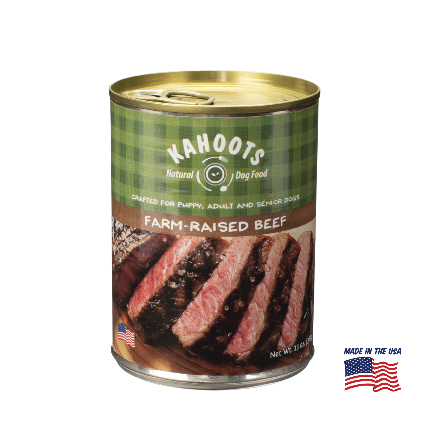 Kahoots beef wet dog food can, made in the USA