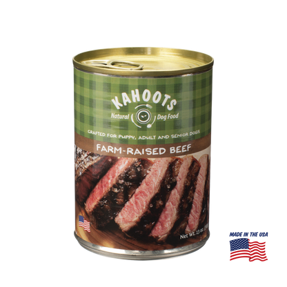 Kahoots beef wet dog food can, made in the USA