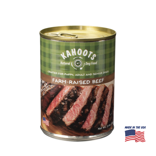 Kahoots beef wet dog food can, made in the USA