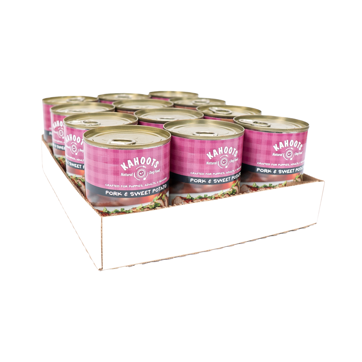 A white cardboard bulk tray holding multiple cans of NAHOOTS Pork & Sweet Potato wet dog food, photographed on a plain white background.