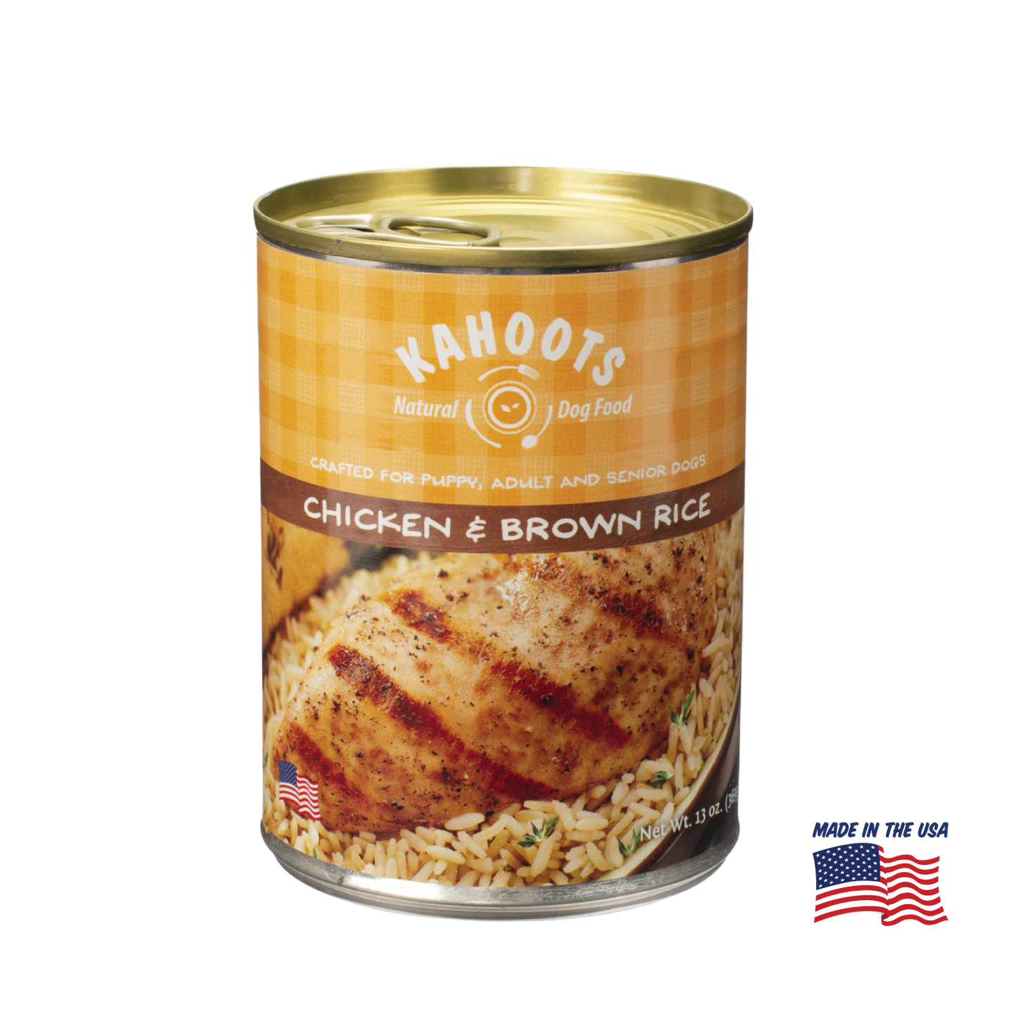 Kahoots chicken and rice wet dog food can, made in the USA