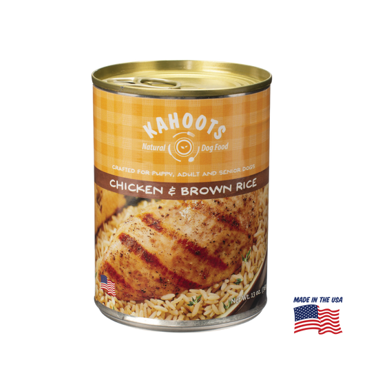 Kahoots chicken and rice wet dog food can, made in the USA