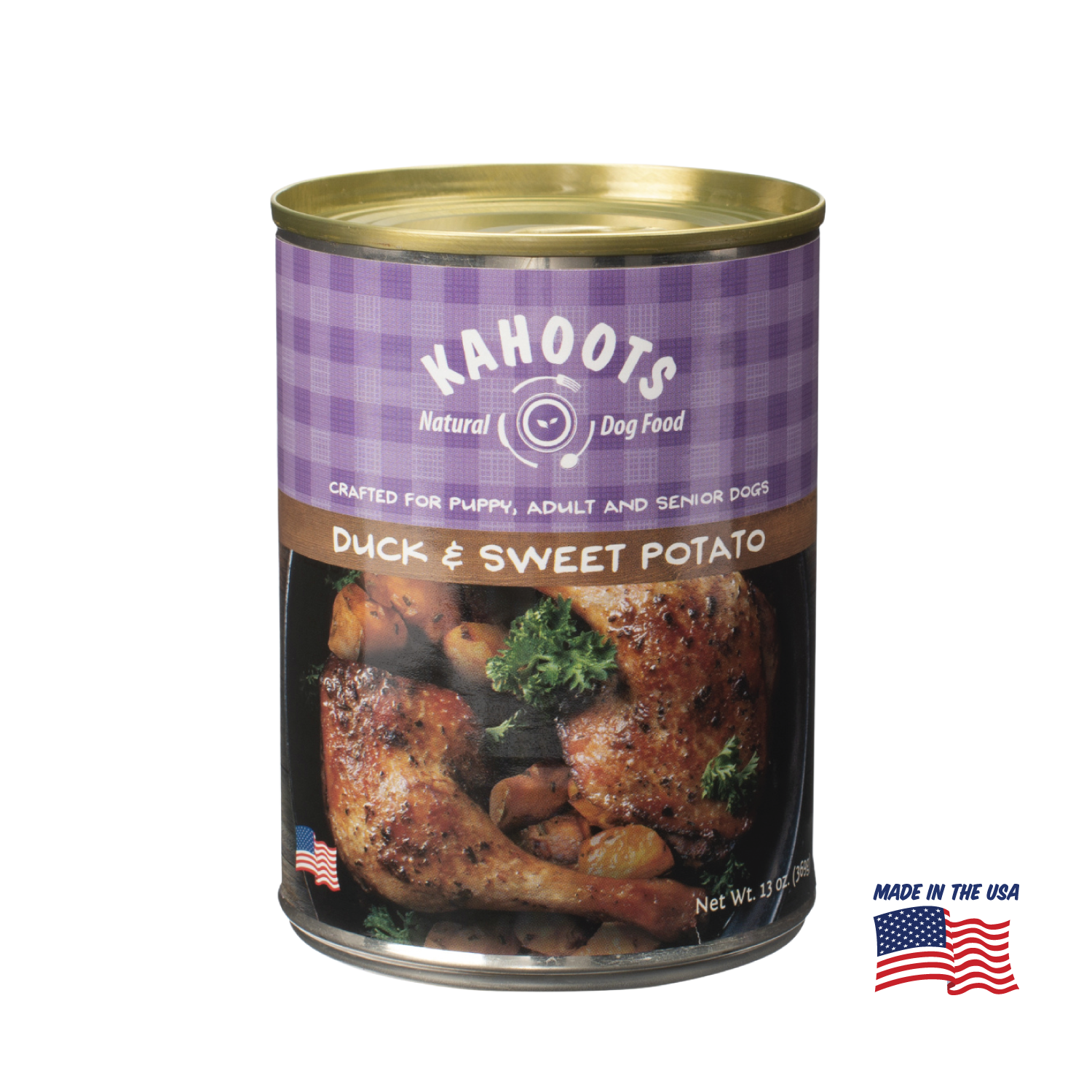 Kahoots duck and sweet potato wet dog food can, made in the USA