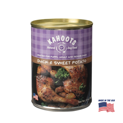 Kahoots duck and sweet potato wet dog food can, made in the USA