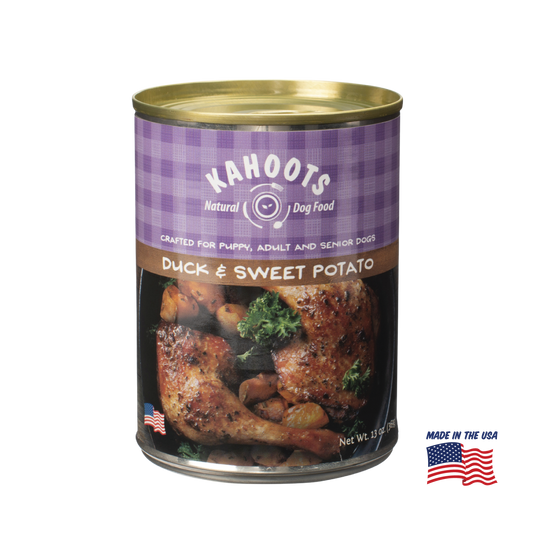 Kahoots duck and sweet potato wet dog food can, made in the USA