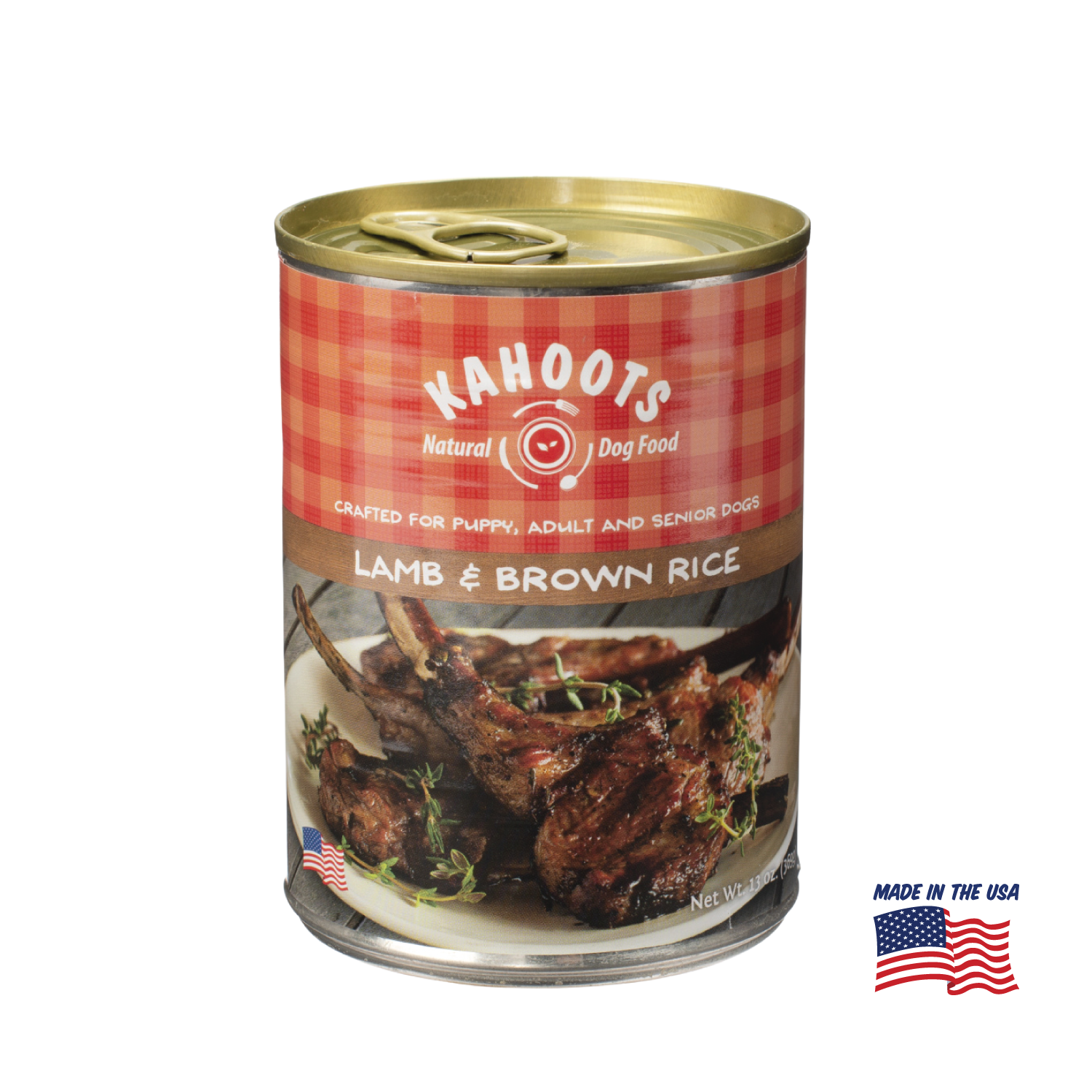Kahoots lamb and rice wet dog food can, made in the USA