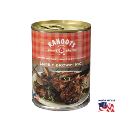 Kahoots lamb and rice wet dog food can, made in the USA