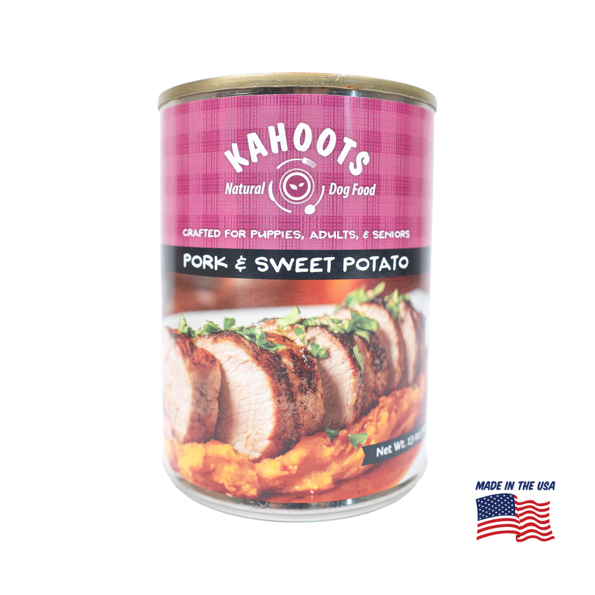 A can of Kahoots Natural Dog Food, Pork & Sweet Potato flavor, shown on a plain white background with a 'Made in the USA' flag graphic in the bottom right corner.