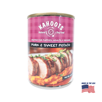 A can of Kahoots Natural Dog Food, Pork & Sweet Potato flavor, shown on a plain white background with a 'Made in the USA' flag graphic in the bottom right corner.