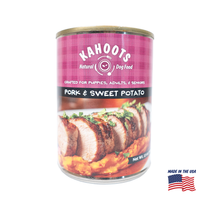 A can of Kahoots Natural Dog Food, Pork & Sweet Potato flavor, shown on a plain white background with a 'Made in the USA' flag graphic in the bottom right corner.