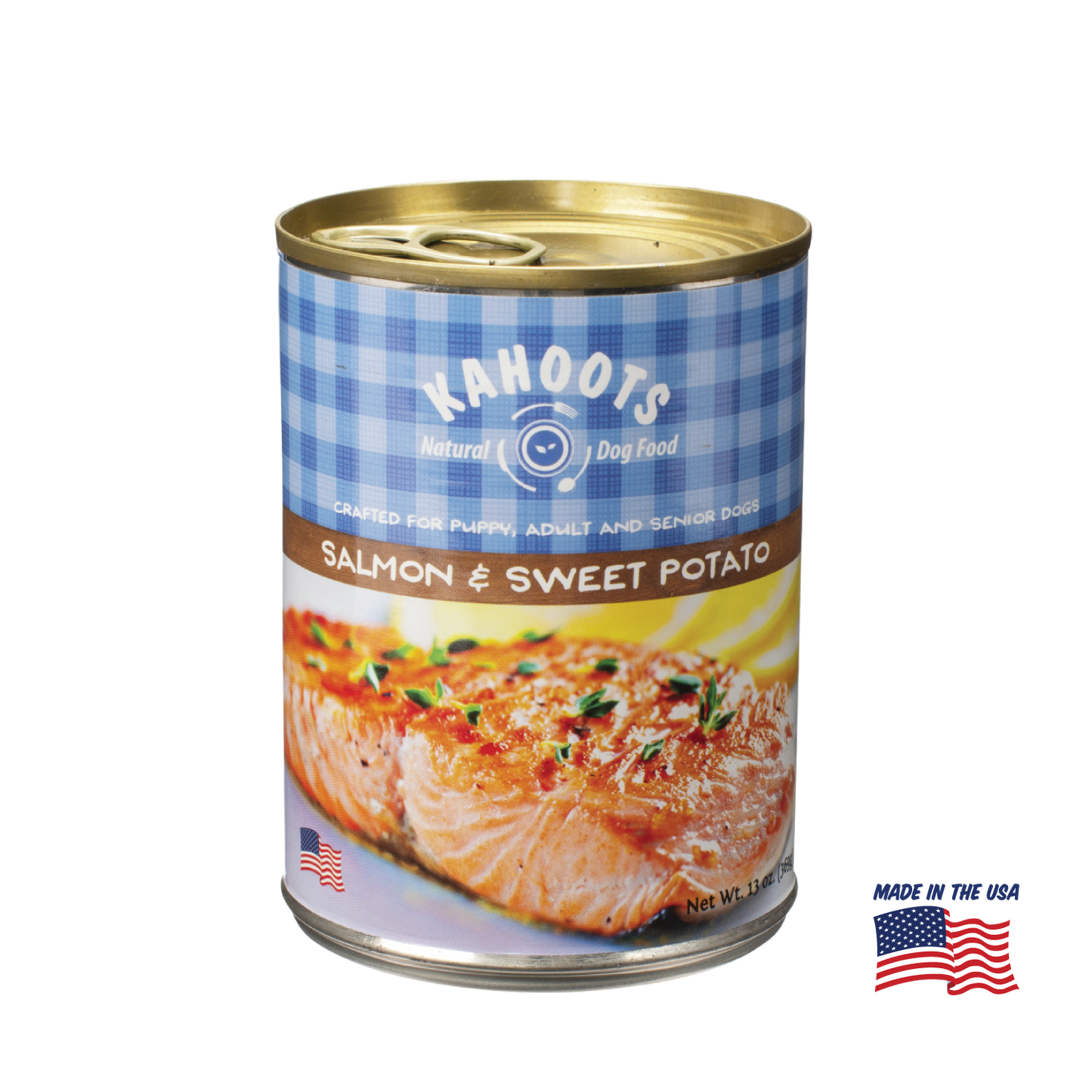 Kahoots salmon wet dog food can, made in the USA