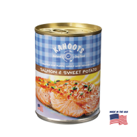 Kahoots salmon wet dog food can, made in the USA