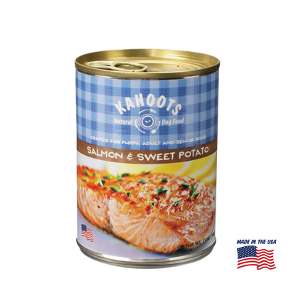 Kahoots salmon wet dog food can, made in the USA