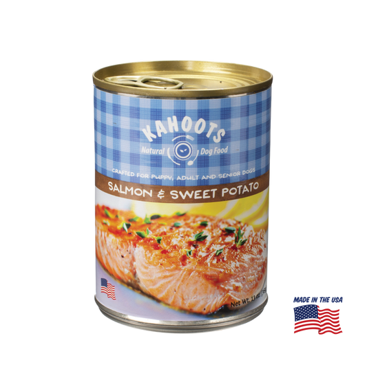 Kahoots salmon wet dog food can, made in the USA