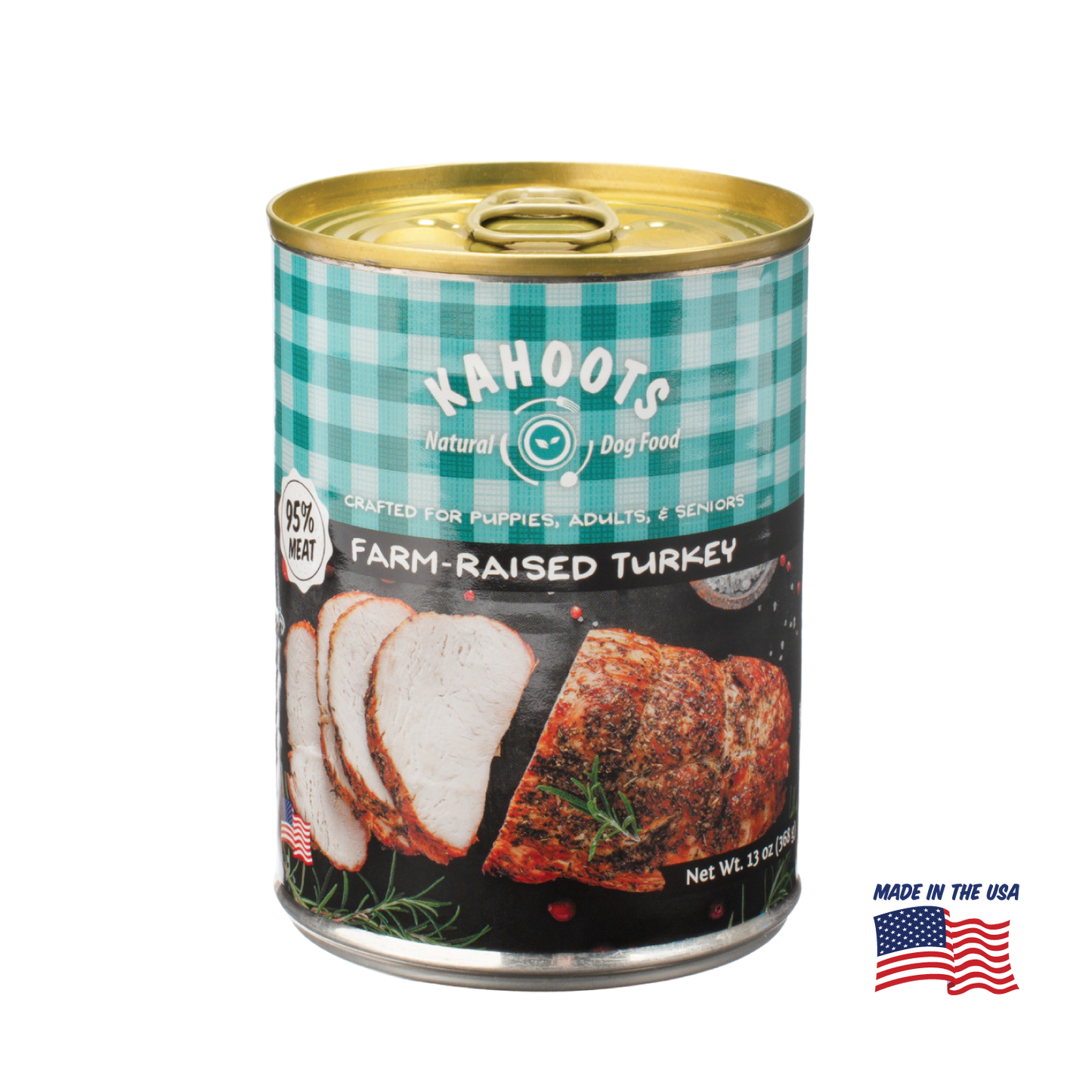 Kahoots turkey wet dog food can, made in the USA