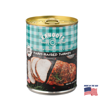 Kahoots turkey wet dog food can, made in the USA