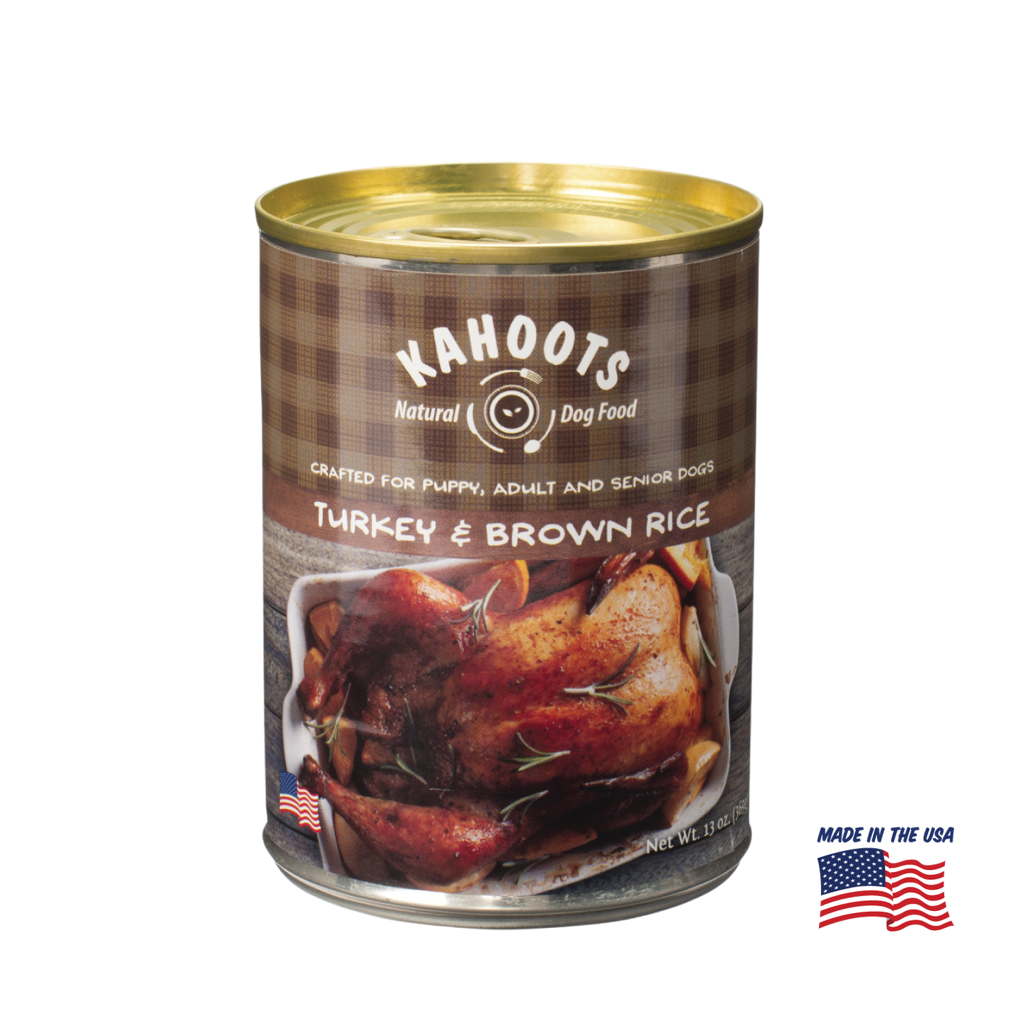 Kahoots turkey and rice wet dog food can, made in the USA