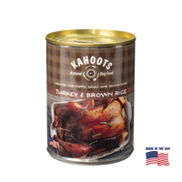 Kahoots turkey and rice wet dog food can, made in the USA