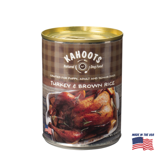 Kahoots turkey and rice wet dog food can, made in the USA
