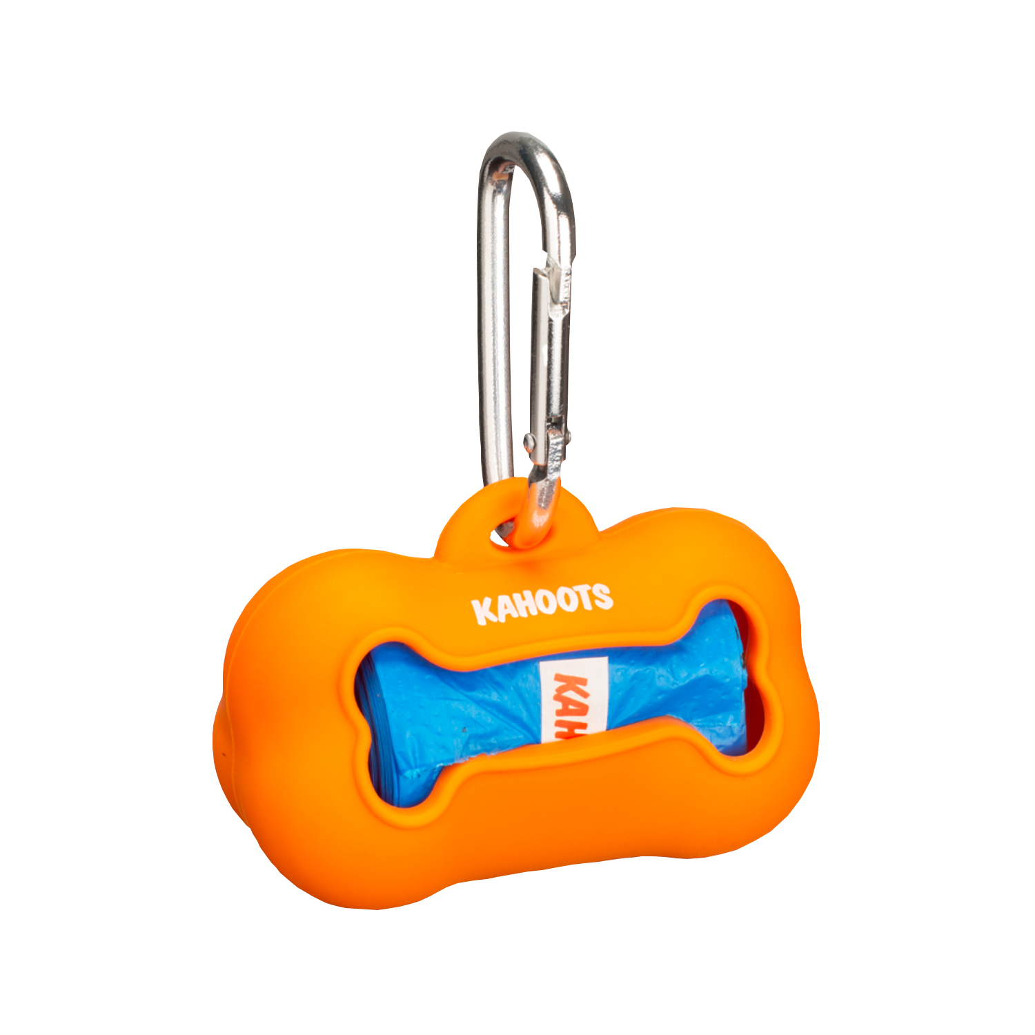 Orange doo bag holder, bone shaped, with blue doo bags inside
