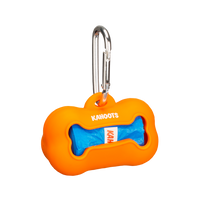 Orange doo bag holder, bone shaped, with blue doo bags inside