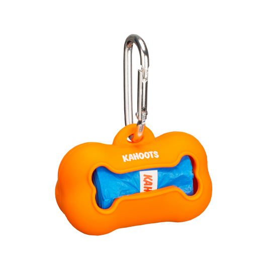 Orange doo bag holder, bone shaped, with blue doo bags inside