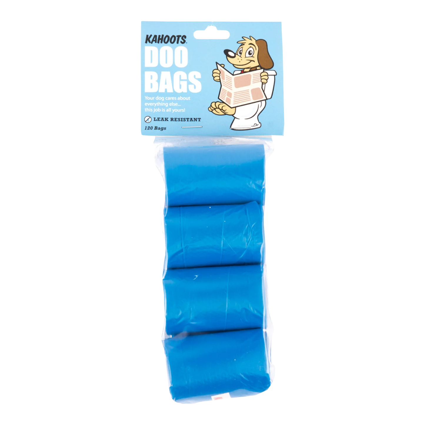 120 Pack of blue dog waste bags with 'Kahoots Doo Bags' packaging on a white background