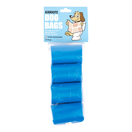 120 Pack of blue dog waste bags with 'Kahoots Doo Bags' packaging on a white background