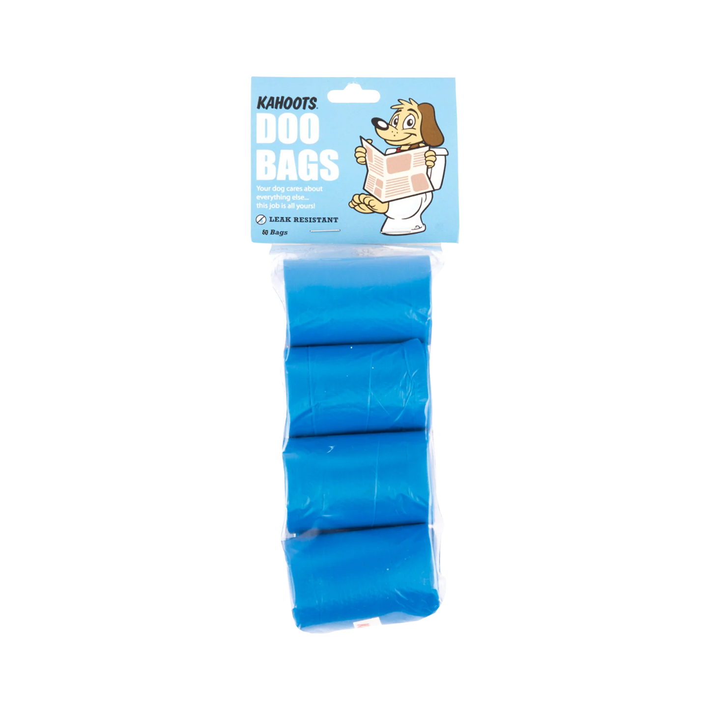 60 Count Pack of blue dog waste bags with a 'Kahoots' brand label on a white background