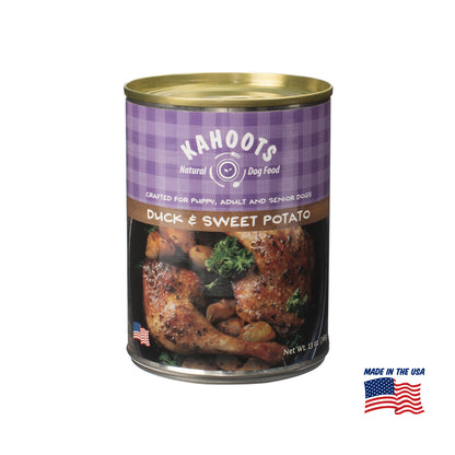 Kahoots duck and sweet potato wet dog food can, made in the USA