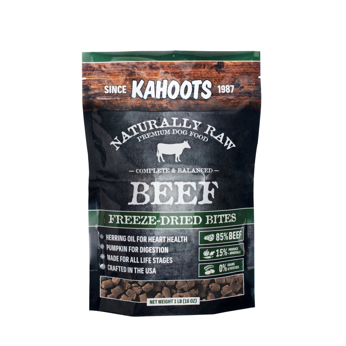 Kahoots Naturally Raw Premium Dog Food package for beef freeze-dried bites on a white background