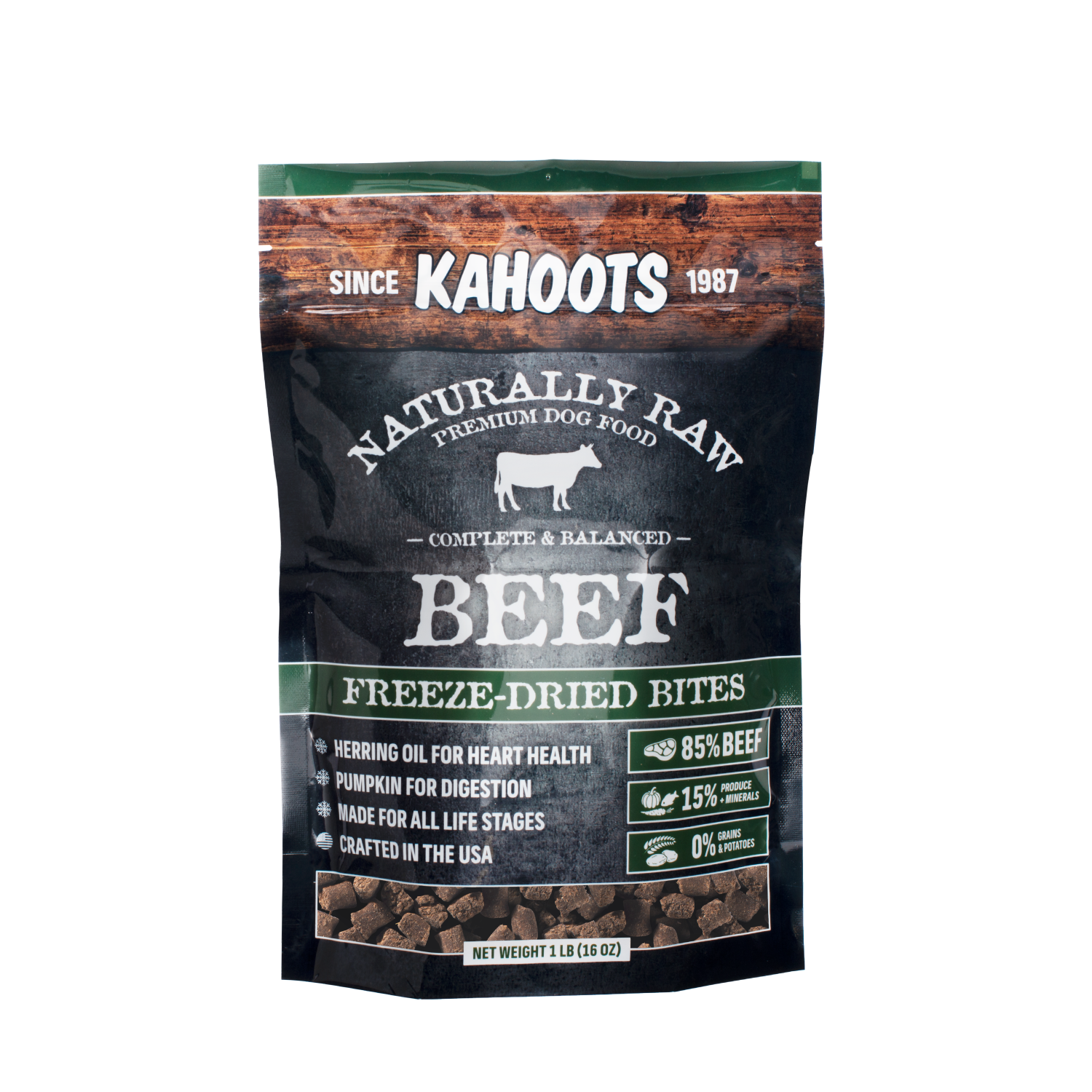 Kahoots Naturally Raw Premium Dog Food package for beef freeze-dried bites on a white background