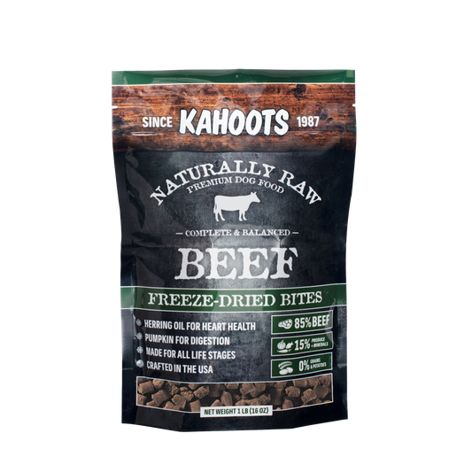 Kahoots Naturally Raw Premium Dog Food package for beef freeze-dried bites on a white background