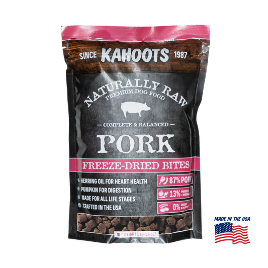 Kahoots Naturally Raw Pork Freeze-Dried Bites packaging on a white background