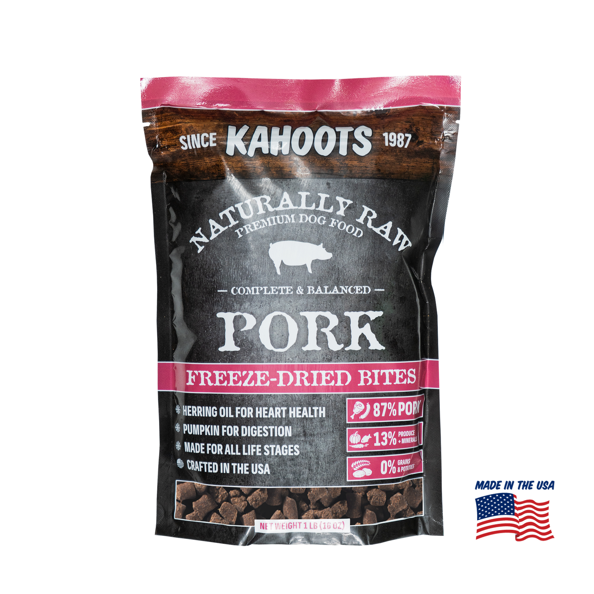 Package of Kahoots Naturally Raw Premium Dog Food Freeze-Dried Bites for pork on a white background