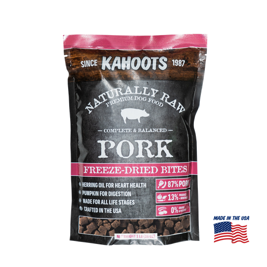 Package of Kahoots Naturally Raw Premium Dog Food Freeze-Dried Bites for pork on a white background
