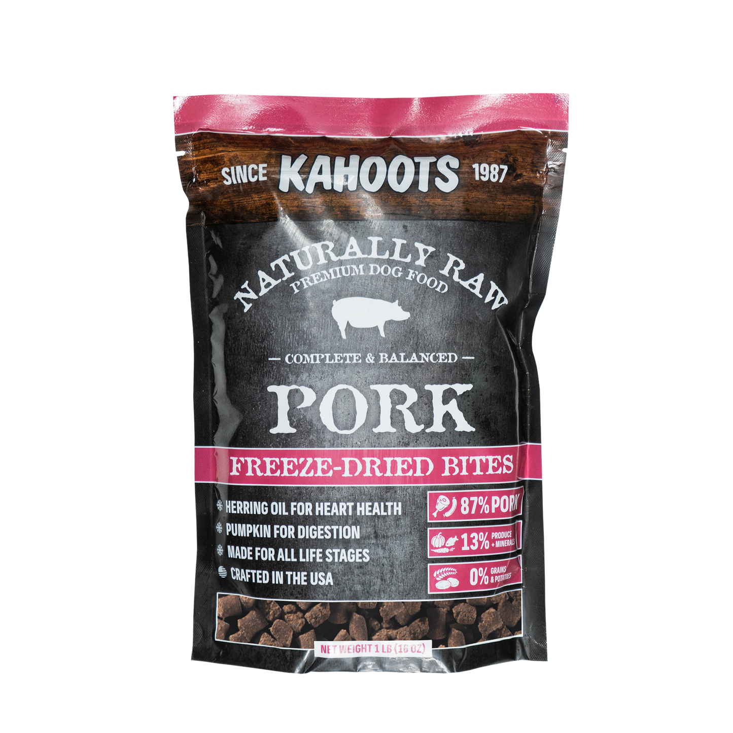 Package of Kahoots Naturally Raw Premium Dog Food Freeze-Dried Bites for pork on a white background