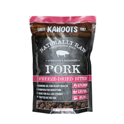 Package of Kahoots Naturally Raw Premium Dog Food Freeze-Dried Bites for pork on a white background