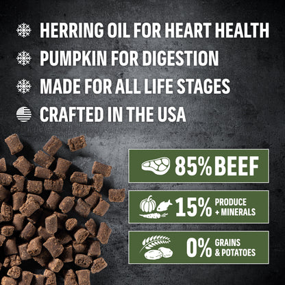 freeze-dried beef Unique selling points - herring oil, pumpkin, all life stage, made in the USA