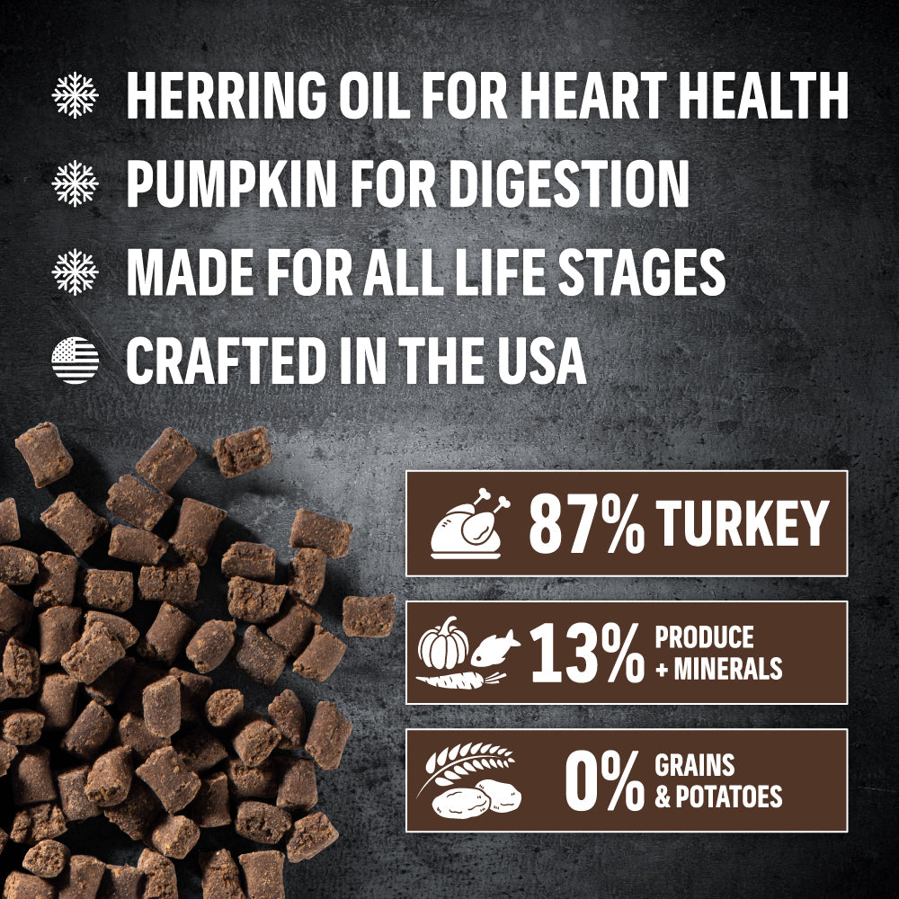 freeze-dried turkey Unique selling points - herring oil, pumpkin, all life stage, made in the USA