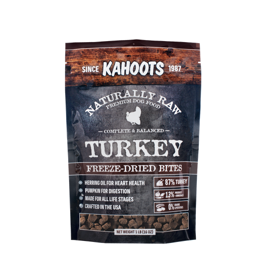 Package of Kahoots Naturally Raw Premium Dog Food Freeze-Dried Bites for turkey on a white background