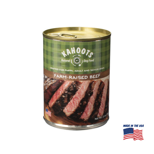 Kahoots beef wet dog food can, made in the USA