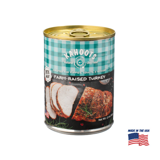 Kahoots turkey wet dog food can, made in the USA