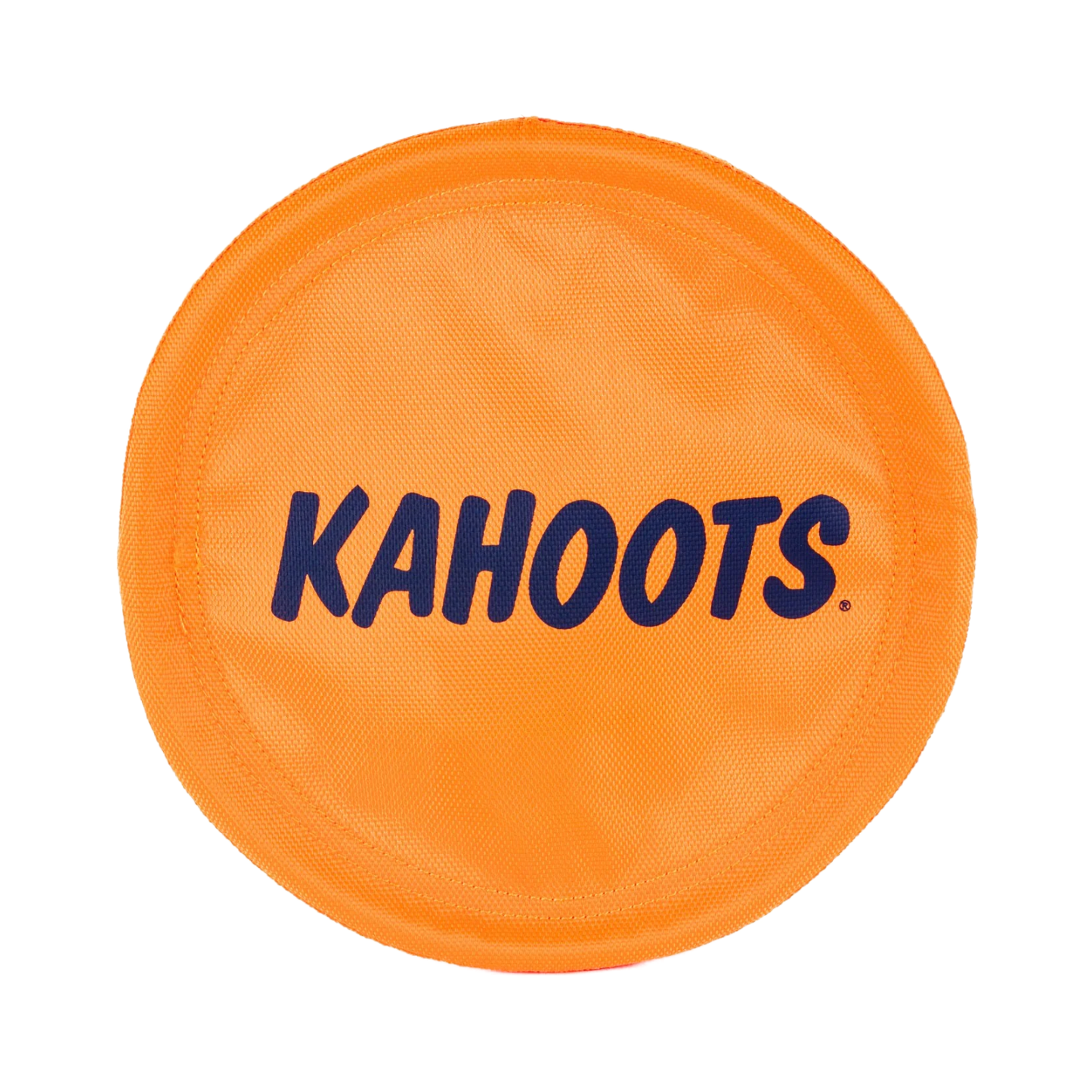 Orange, flexible frisby with "Kahoots" printed on it