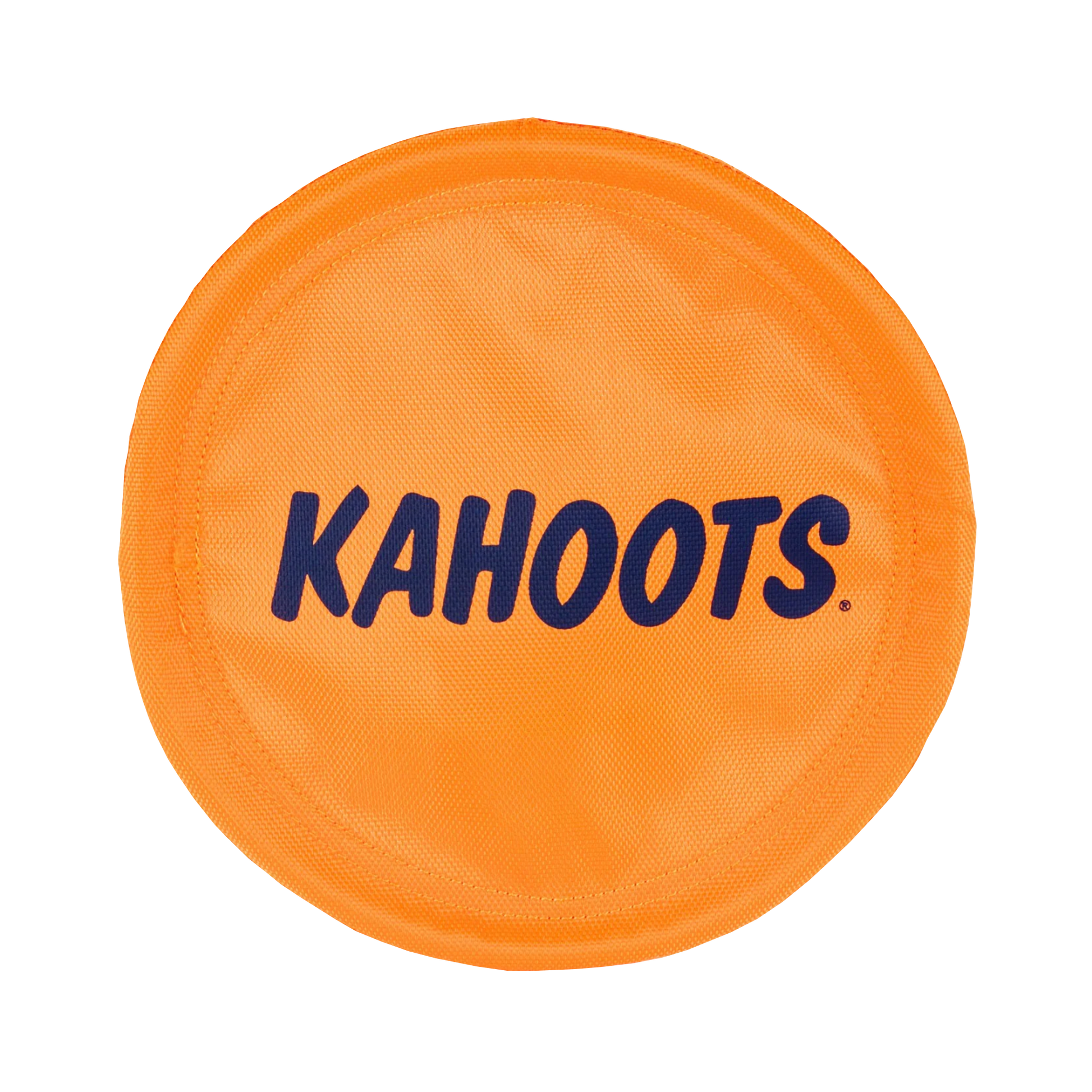 Orange, flexible frisbee with "Kahoots" printed on it