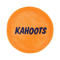 Orange, flexible frisbee with "Kahoots" printed on it