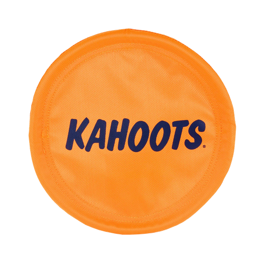 Orange, flexible frisbee with "Kahoots" printed on it