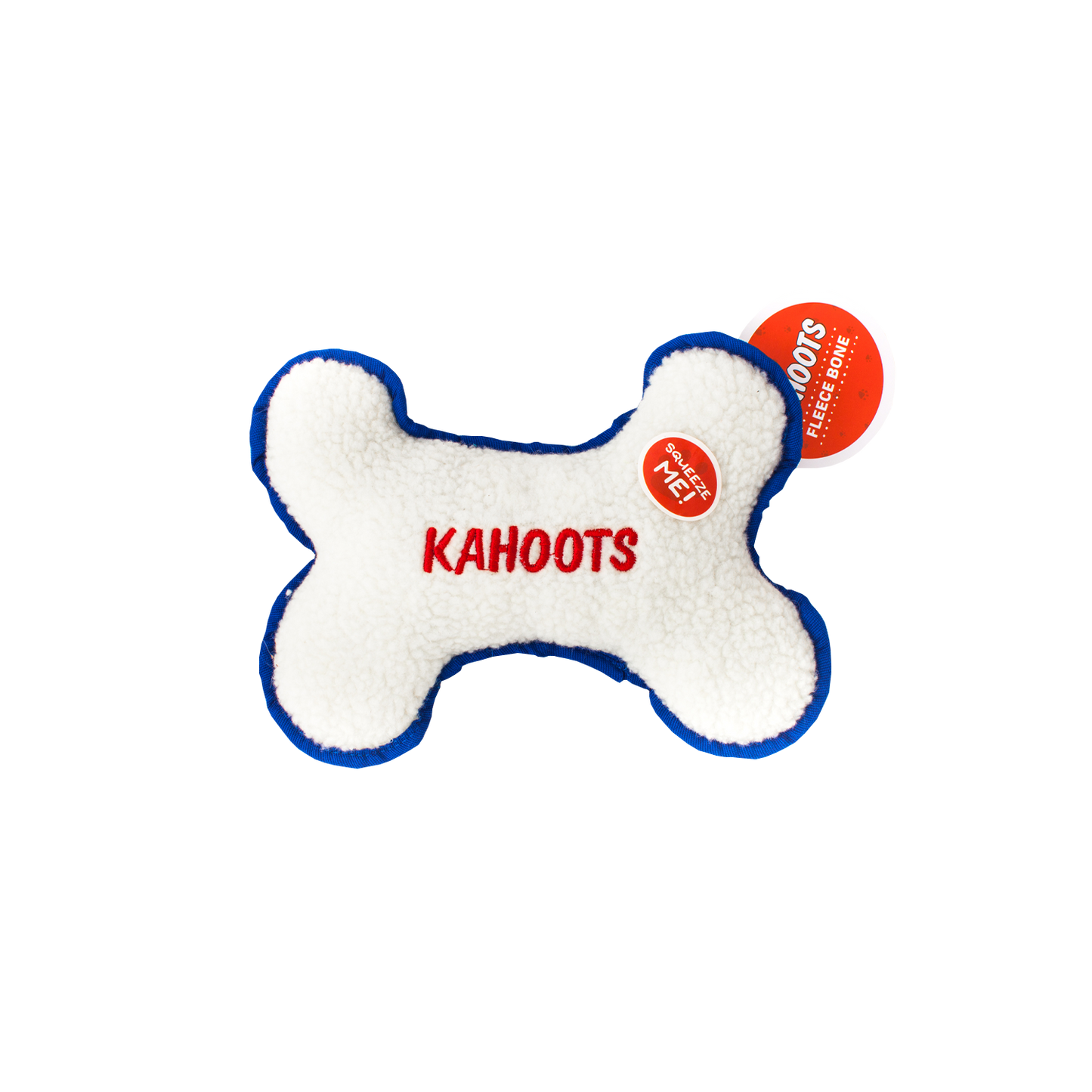 White, fuzzy, plush bone with "Kahoots" embroidered in the middle